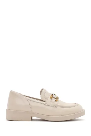Kadın Bej Toka Detaylı Deri Maskülen Loafer