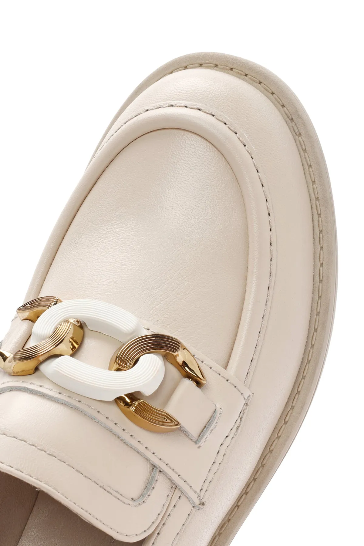 Kadın Bej Toka Detaylı Deri Maskülen Loafer