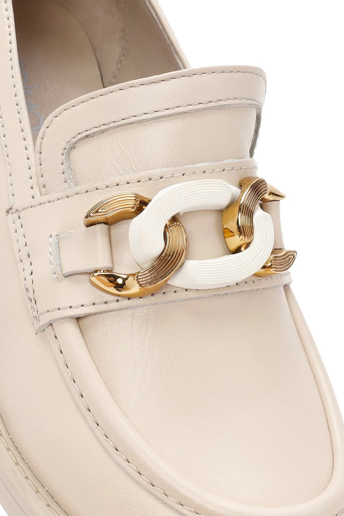 Kadın Bej Toka Detaylı Deri Maskülen Loafer