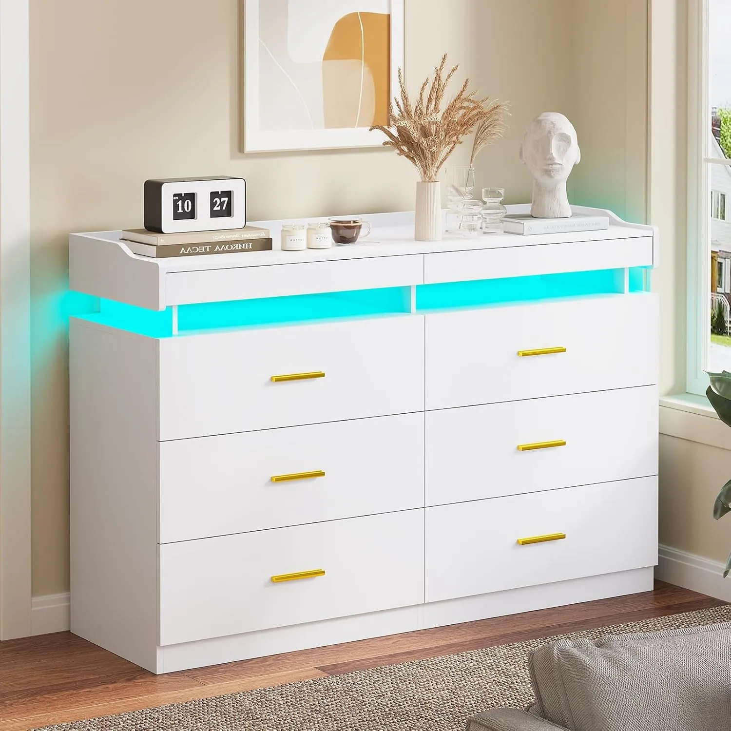LED Dresser with 2 Pull-Out Tray, 6 Drawer Dresser, 47.2" Long Wide
