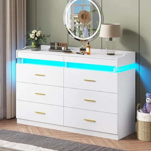 LED Dresser with 2 Pull-Out Tray, 6 Drawer Dresser, 47.2" Long Wide
