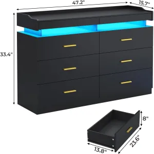 LED Dresser with 2 Pull-Out Tray, 6 Drawer Dresser, 47.2" Long Wide