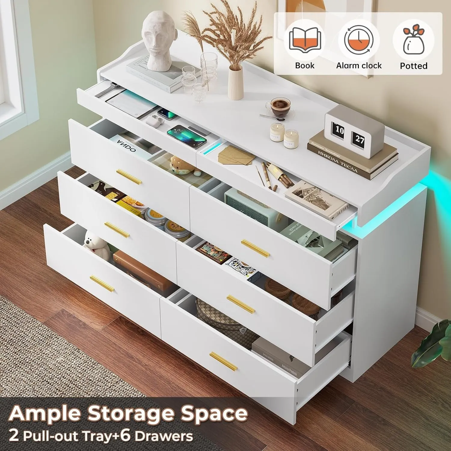 LED Dresser with 2 Pull-Out Tray, 6 Drawer Dresser, 47.2" Long Wide