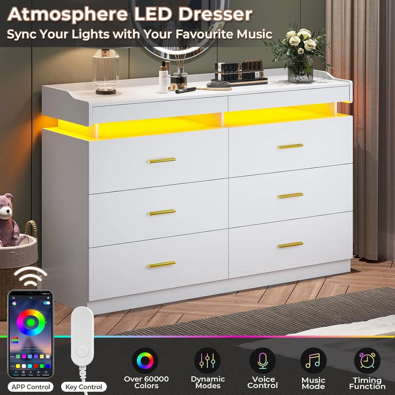 LED Dresser with 2 Pull-Out Tray, 6 Drawer Dresser, 47.2" Long Wide