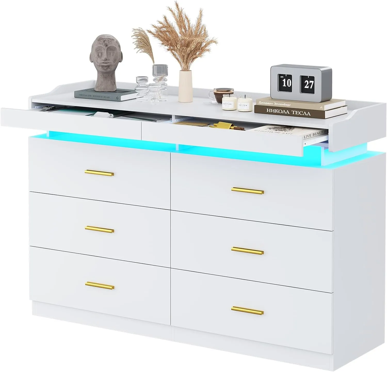 LED Dresser with 2 Pull-Out Tray, 6 Drawer Dresser, 47.2" Long Wide
