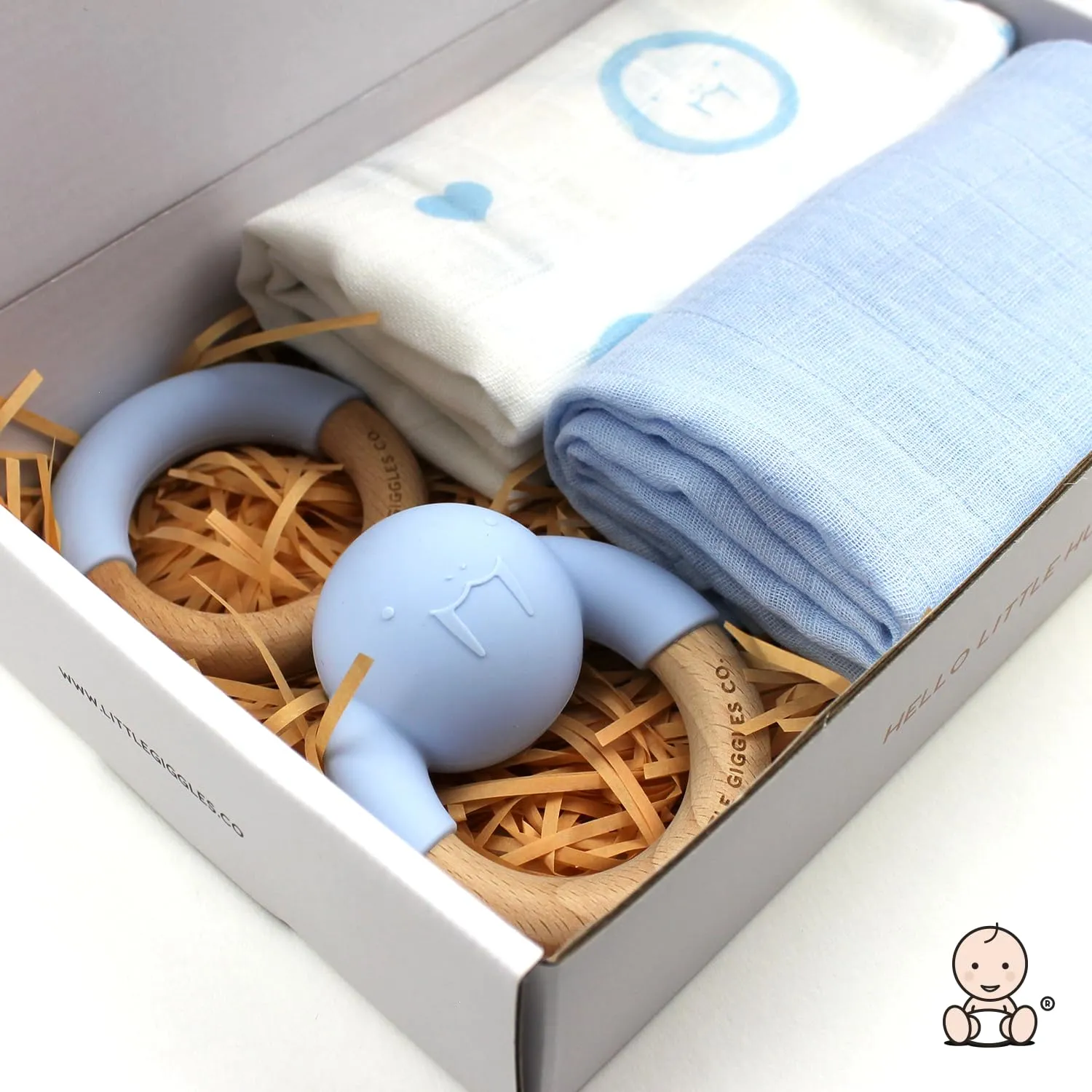 Little Giggles Co.® Baby Gifts - Neutral Teething Toys & Large Muslin Cloths Gift Set. Sensory Play Rattle, Soothing Teether Ring, Cotton Baby Muslins. Baby Essentials for Newborn & Baby Shower Gifts