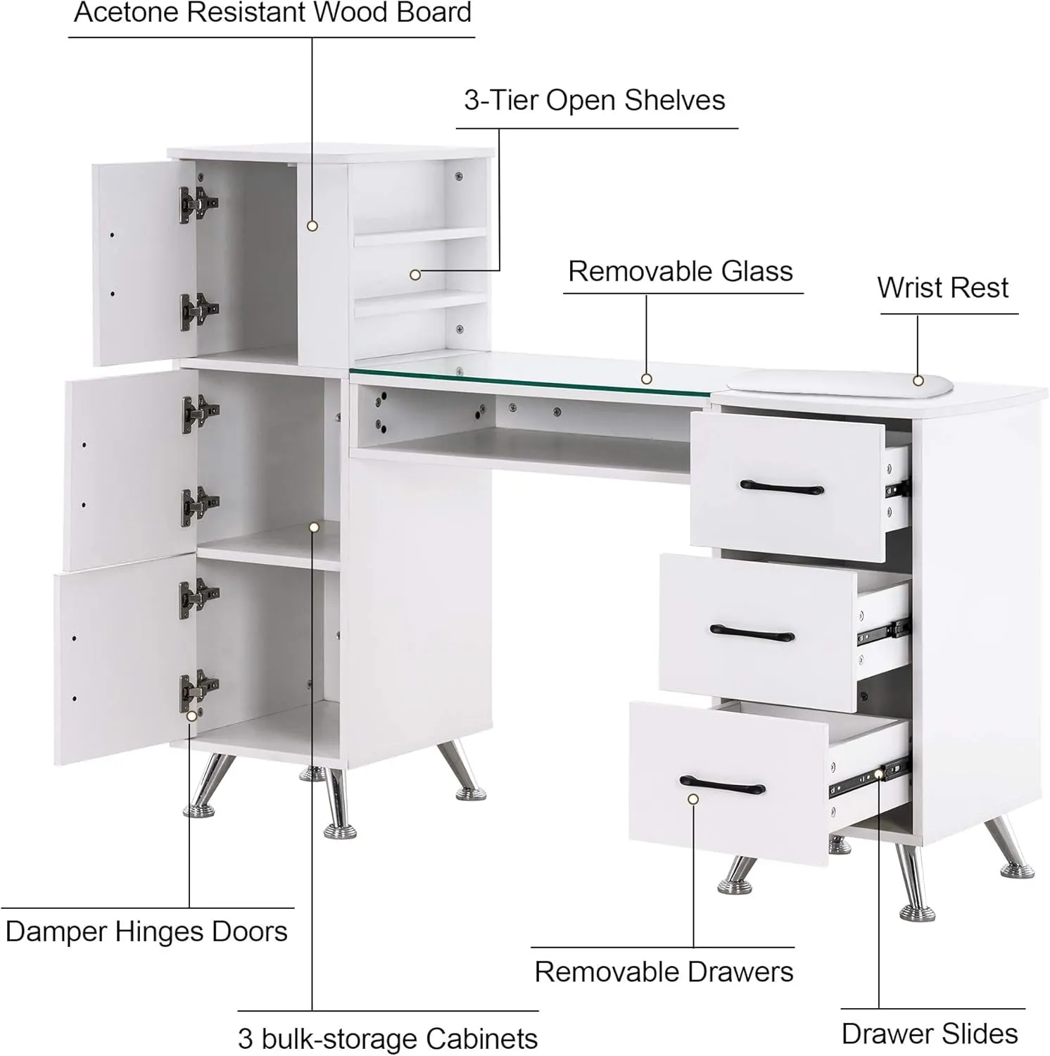 Manicure Table, Nail Makeup Desk with Drawers, Storage Beauty Salon Workstation 2611 (White)