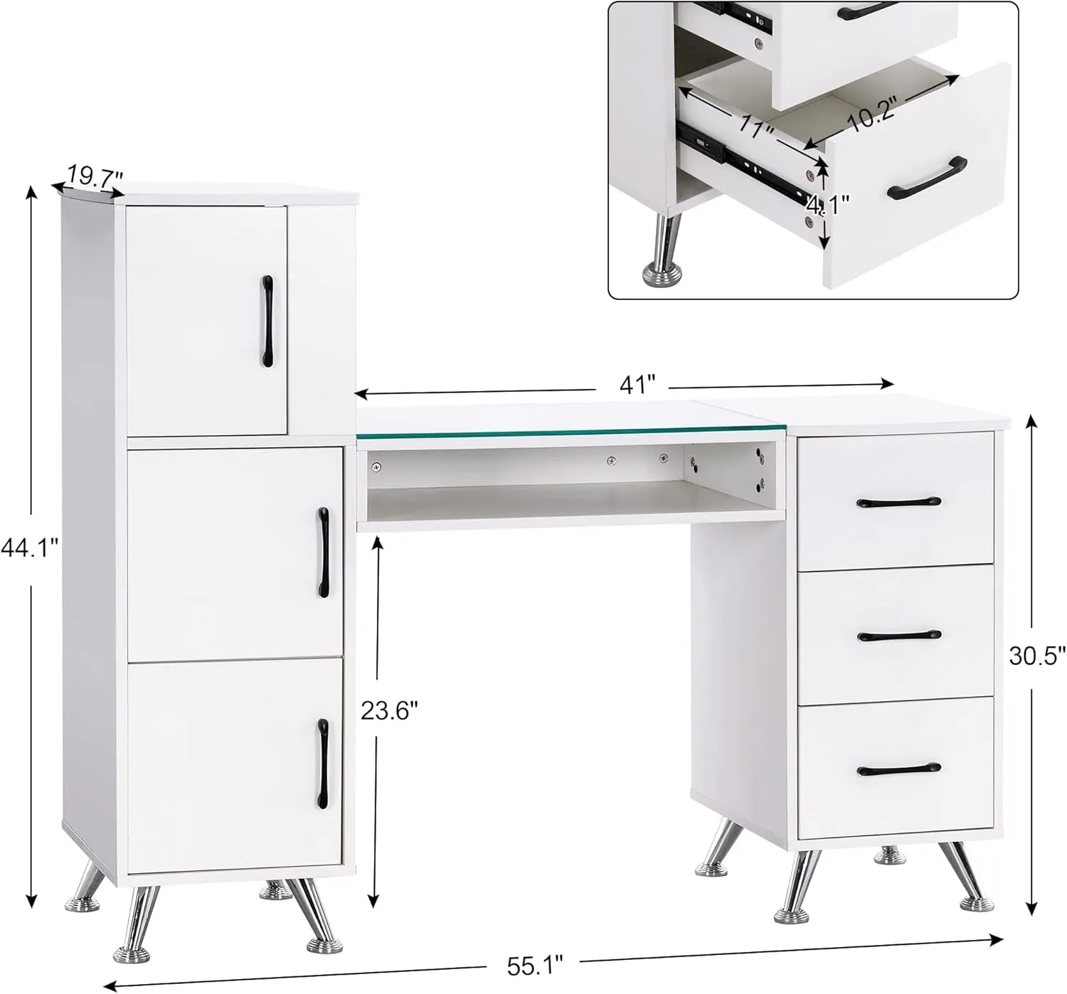 Manicure Table, Nail Makeup Desk with Drawers, Storage Beauty Salon Workstation 2611 (White)