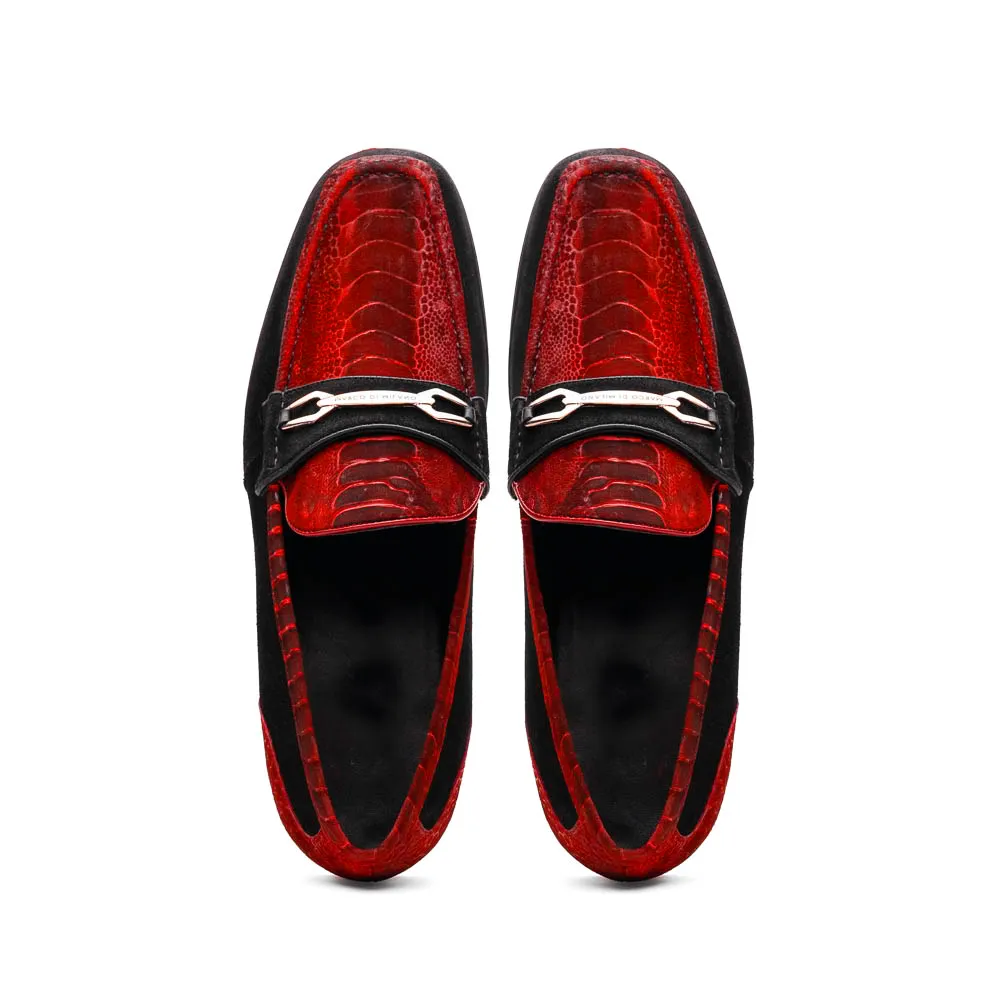Marco Di Milano Hugo in Red / Black Ostrich Leg Suede Bit Loafers