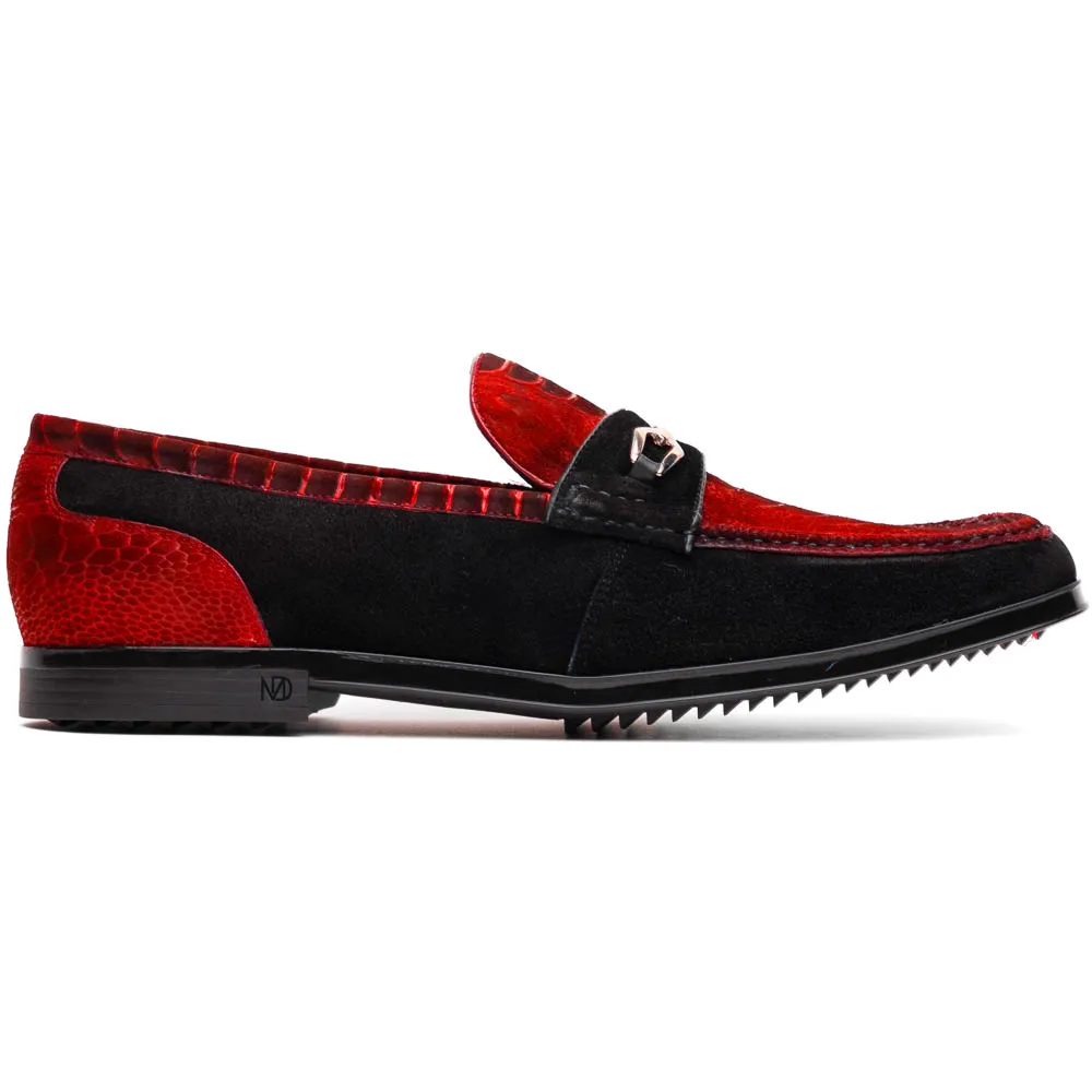 Marco Di Milano Hugo in Red / Black Ostrich Leg Suede Bit Loafers