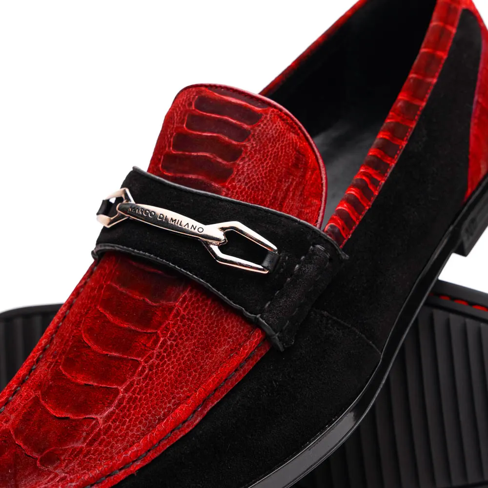 Marco Di Milano Hugo in Red / Black Ostrich Leg Suede Bit Loafers