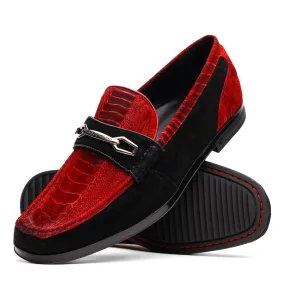 Marco Di Milano Hugo in Red / Black Ostrich Leg Suede Bit Loafers