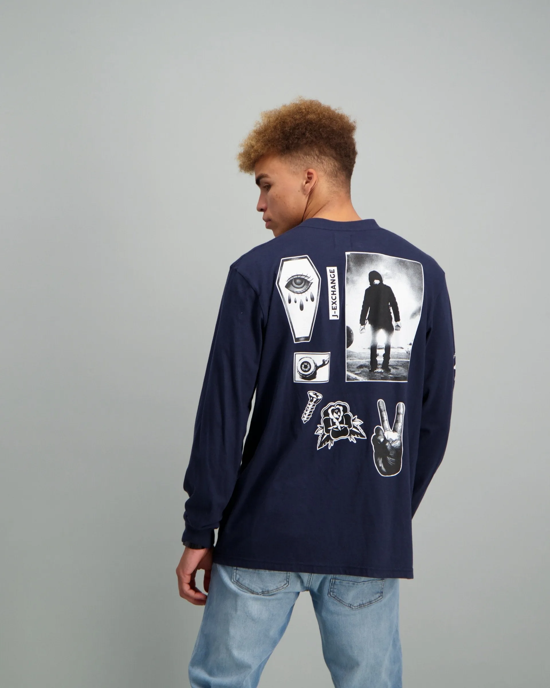 Men's Long Sleeve Image Print T-shirt - Navy