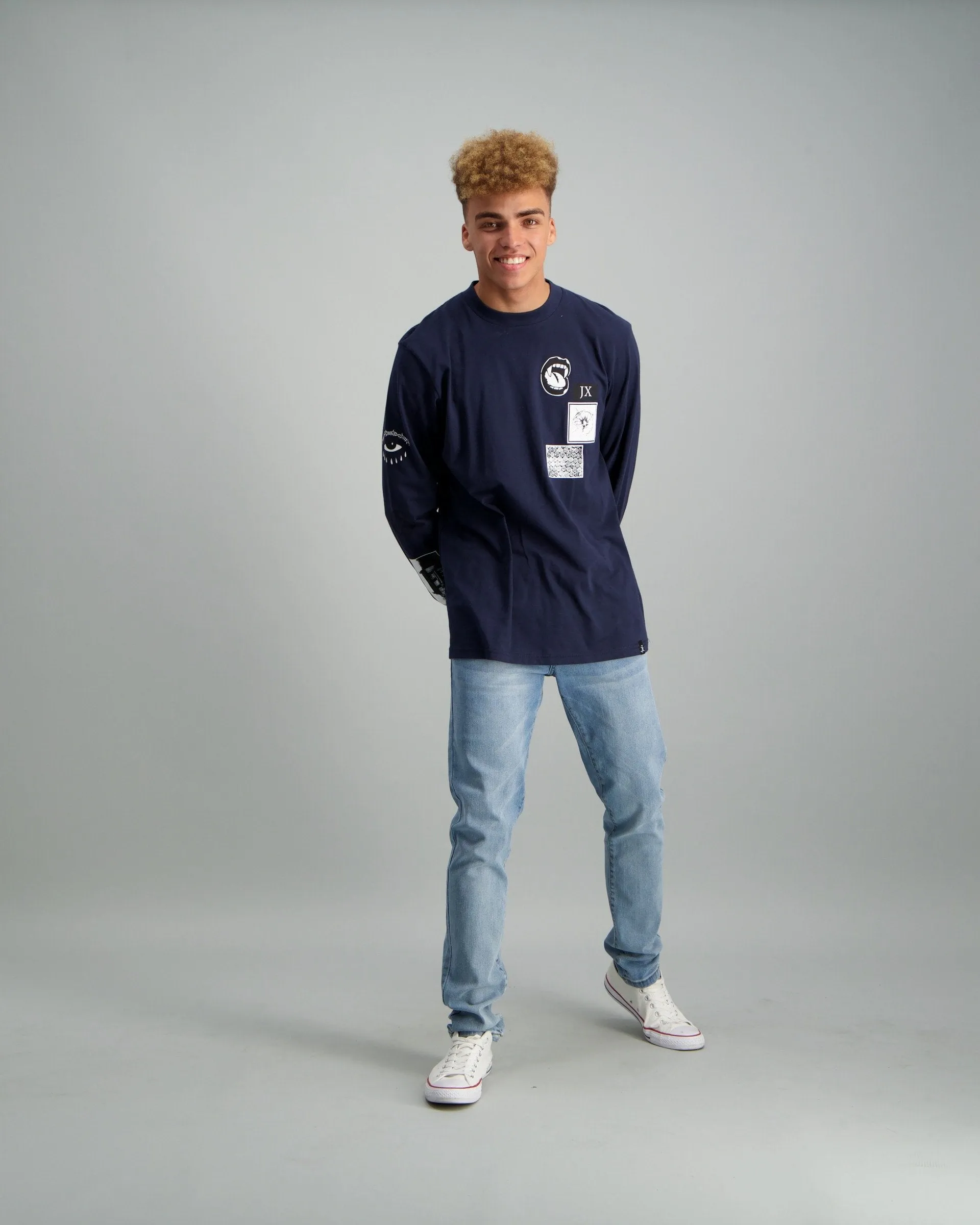 Men's Long Sleeve Image Print T-shirt - Navy