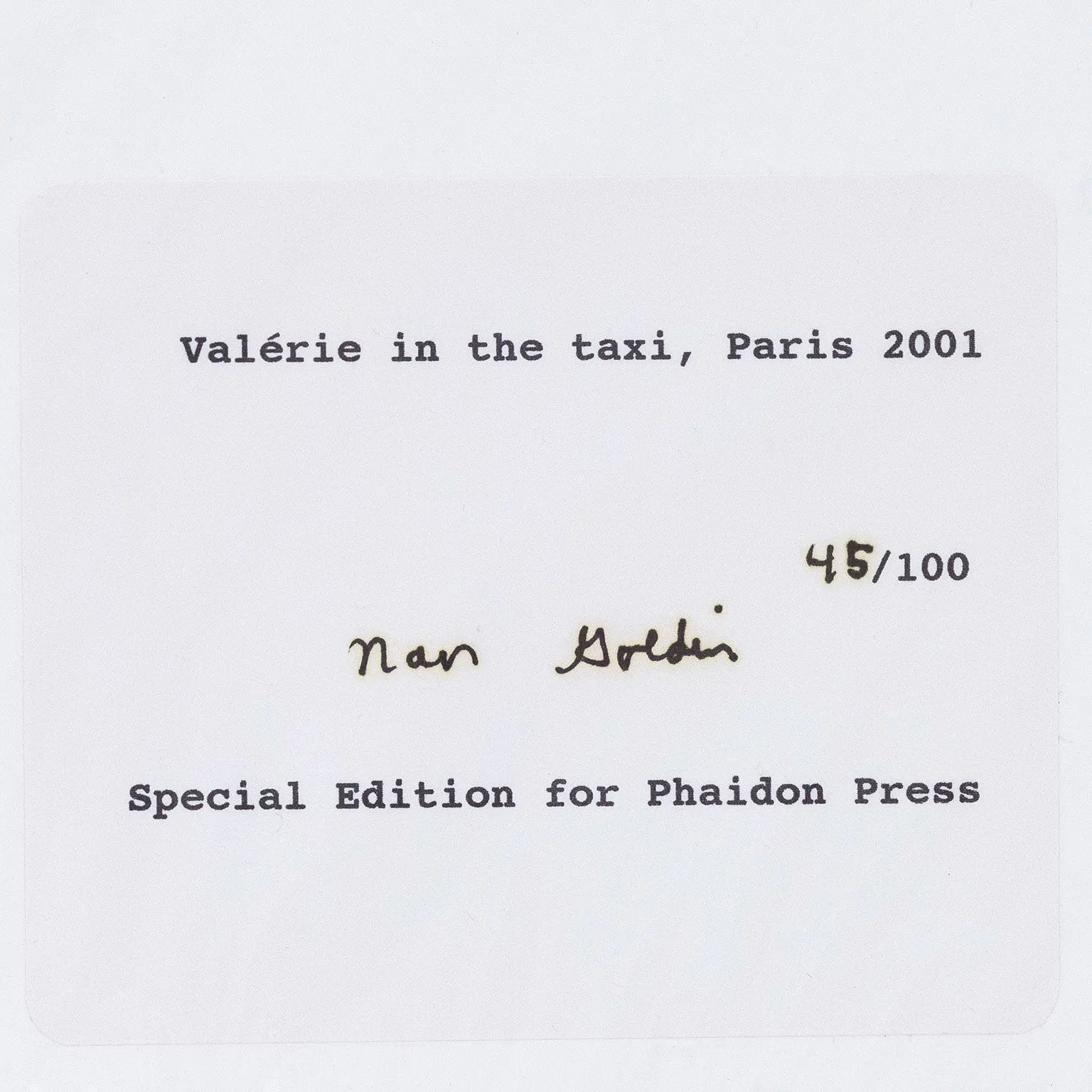 NAN GOLDIN "VALERIE IN THE TAXI, PARIS", 2001