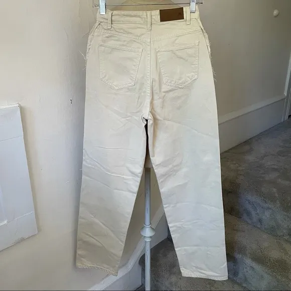 Nasty Gal Ecru Frayed Twisted Seam Split Hem Straight Leg High Waisted Jeans NWT