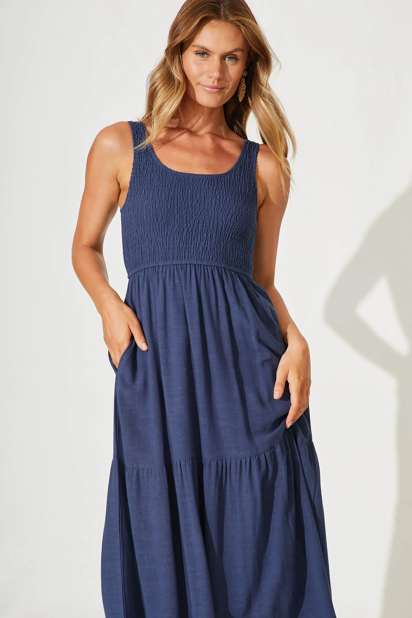 Navy Linen Midi Dress for Caribbean Vibes
