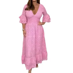 Orla Short Flounce Sleeve Eyelet A-Line Midi Dress