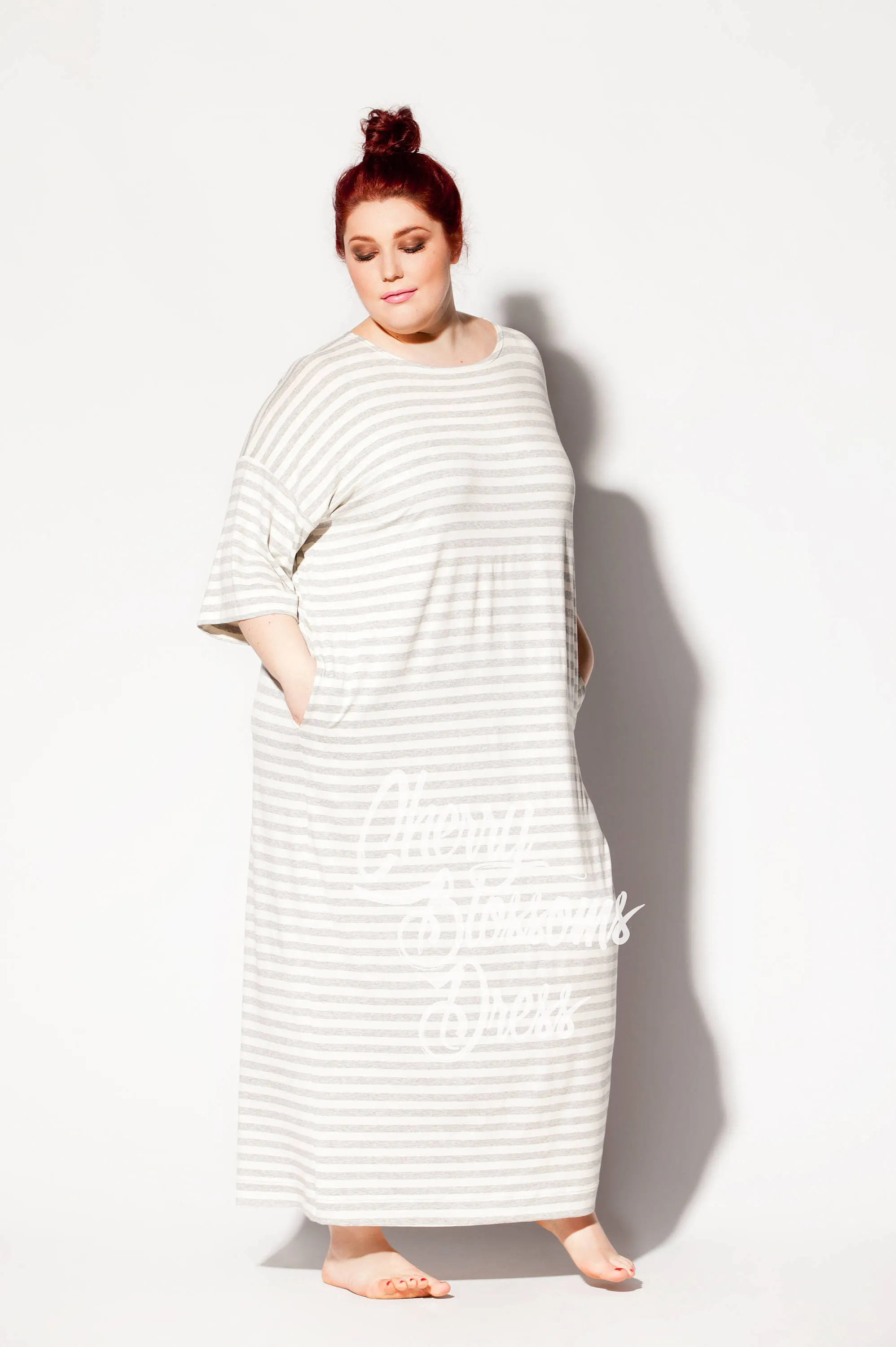 Plus Size Striped Dress, 4XL White Dress With Pockets, Loungewear Plus Size Clothing, Loose Fit Dress On Light Stripes
