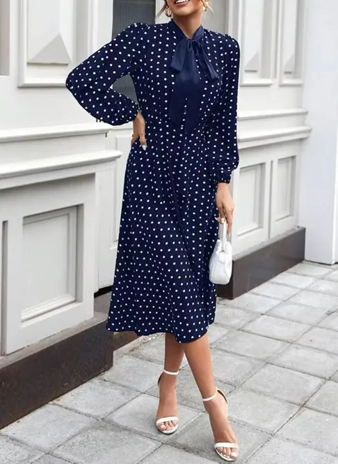 Polka Dot Tie-Neck Midi Dress