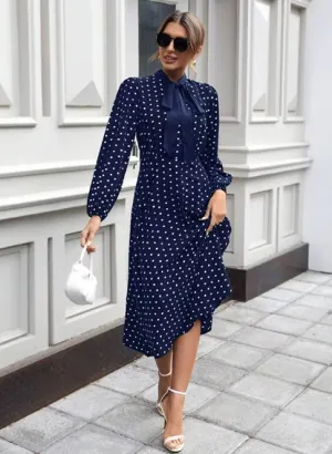 Polka Dot Tie-Neck Midi Dress