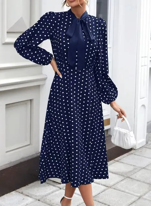 Polka Dot Tie-Neck Midi Dress