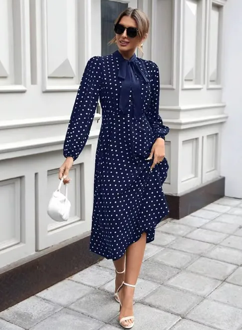 Polka Dot Tie-Neck Midi Dress