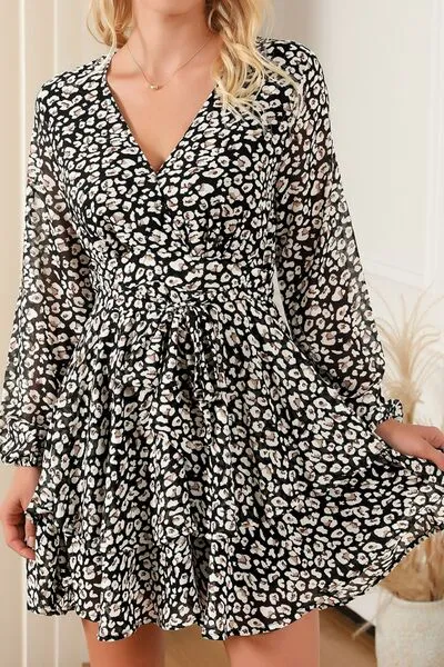 Printed Surplice Long Sleeve Mini Dress