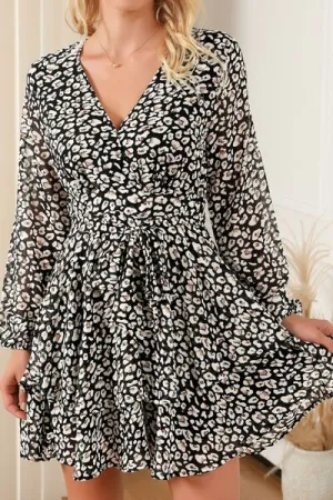 Printed Surplice Long Sleeve Mini Dress