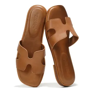Project Cloud Fashion Flat Summer Sandals for Women 2025 - Genuine Leather Womens Sandals with Memory Foam Slides Sandals Women Footwear - Mules Women's Sandals (Jannel,Cogn, 8)