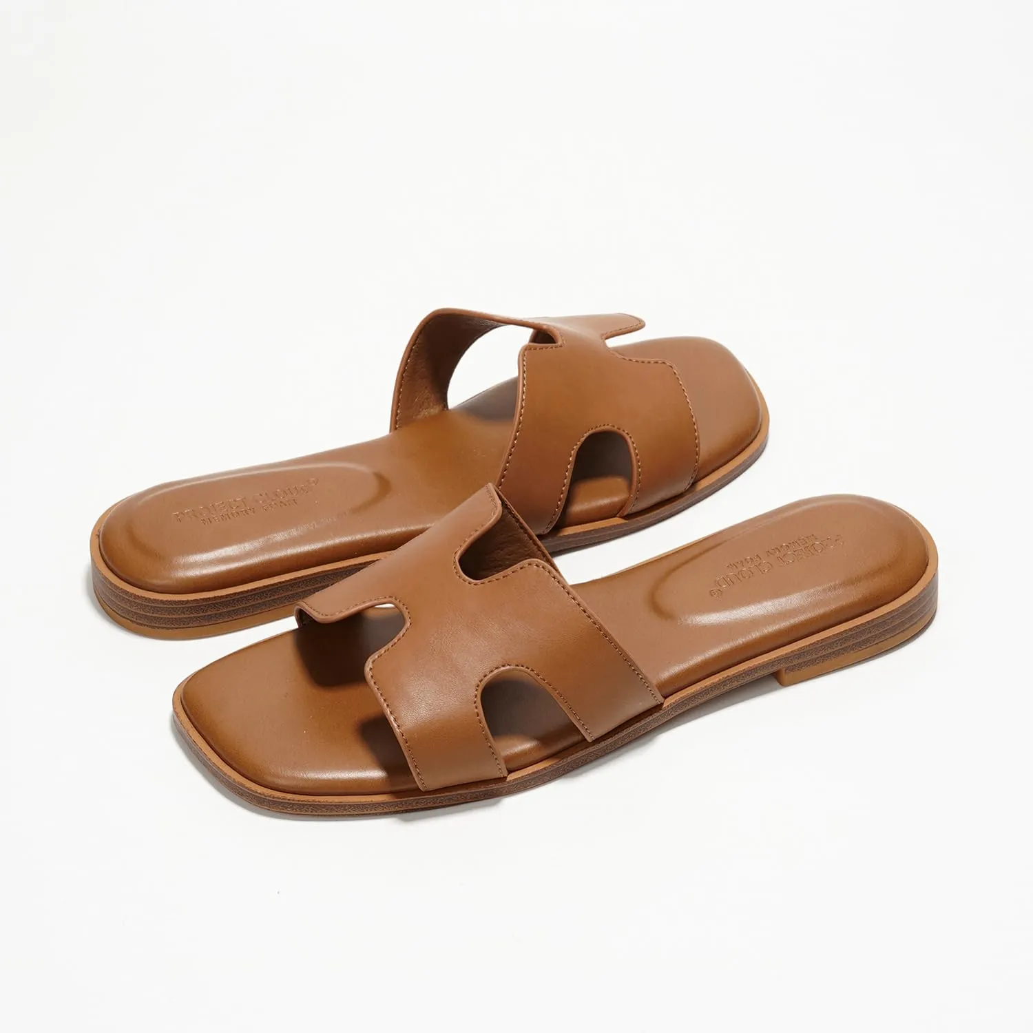 Project Cloud Fashion Flat Summer Sandals for Women 2025 - Genuine Leather Womens Sandals with Memory Foam Slides Sandals Women Footwear - Mules Women's Sandals (Jannel,Cogn, 8)