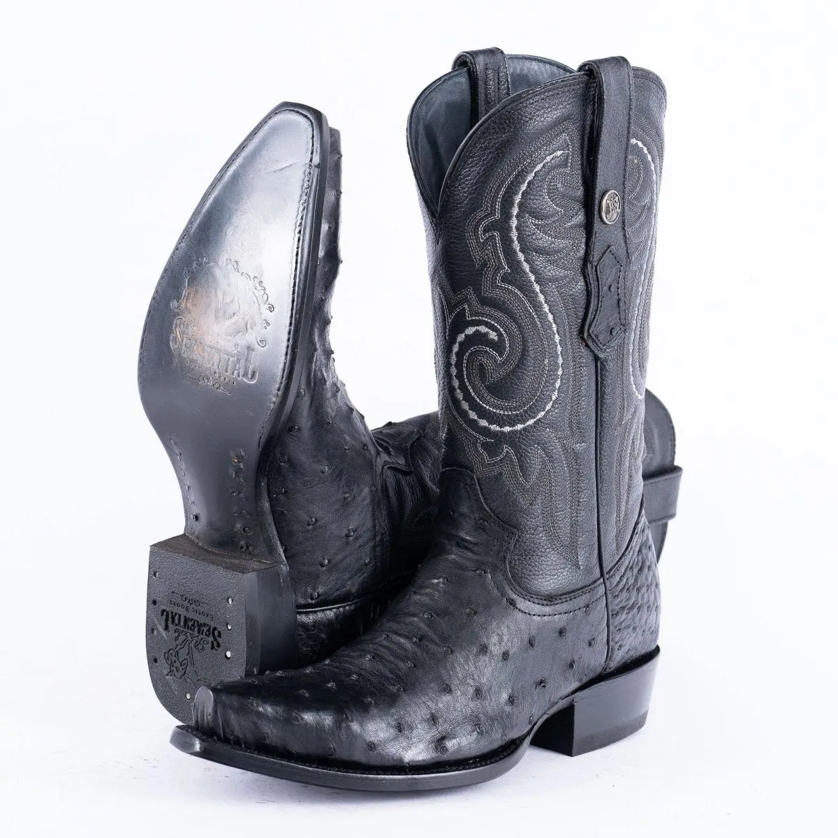 RANCHO SEMENTAL EXOTIC LEATHER Ostrich Black Cowboy Boots Snip toe