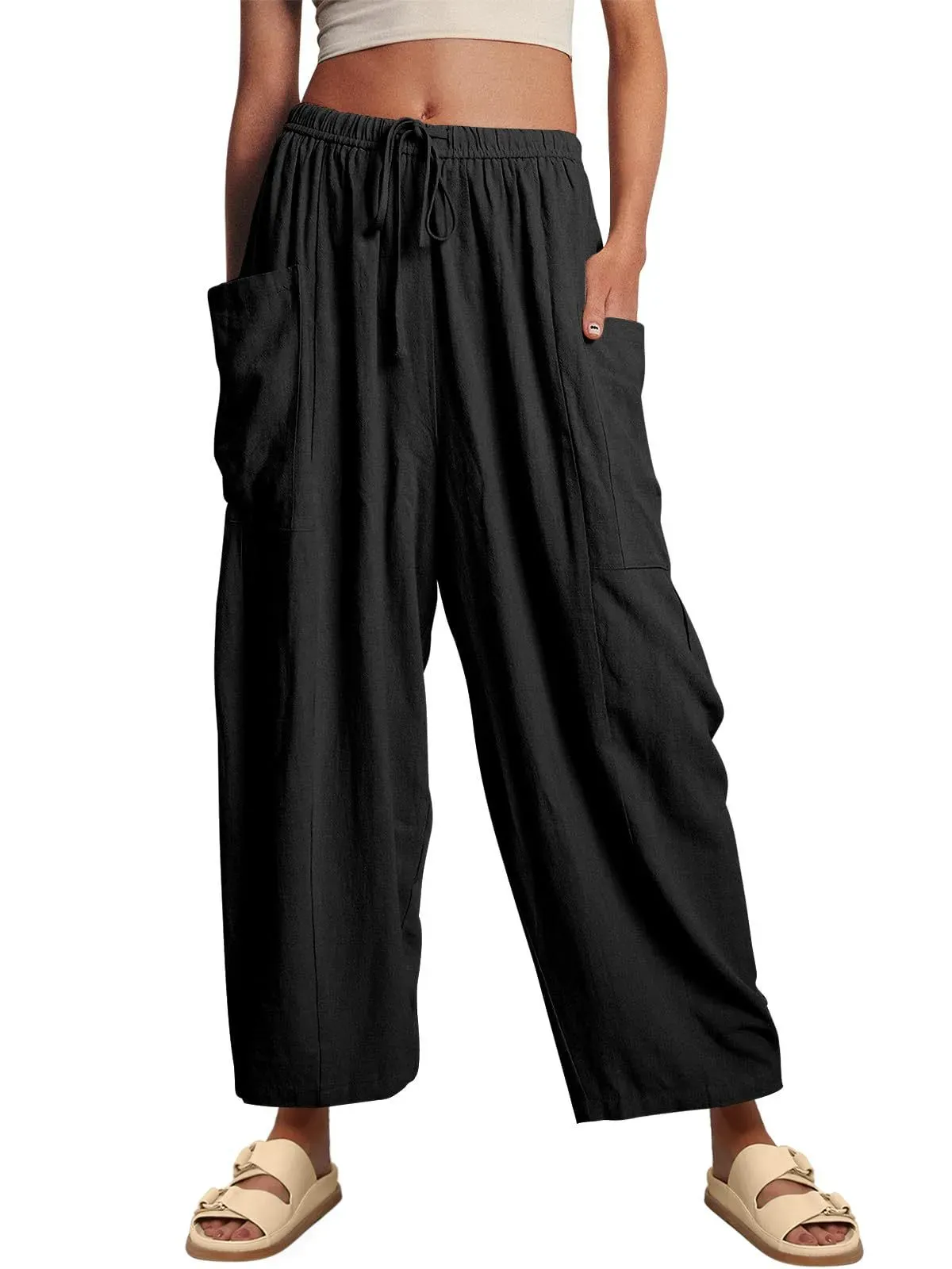 Sage High-Waisted Drawstring Cropped Wide Leg Pants