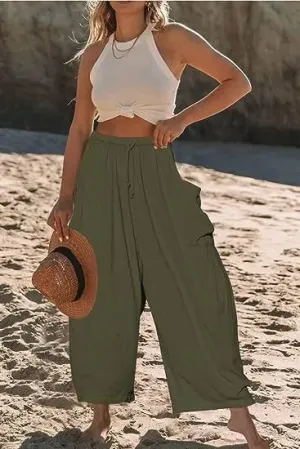 Sage High-Waisted Drawstring Cropped Wide Leg Pants
