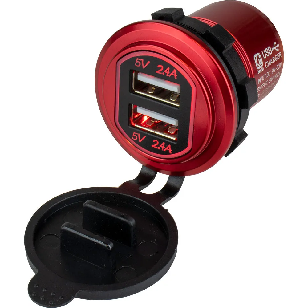 Sea-Dog Round Red Dual USB Charger w/1 Quick Charge Port  