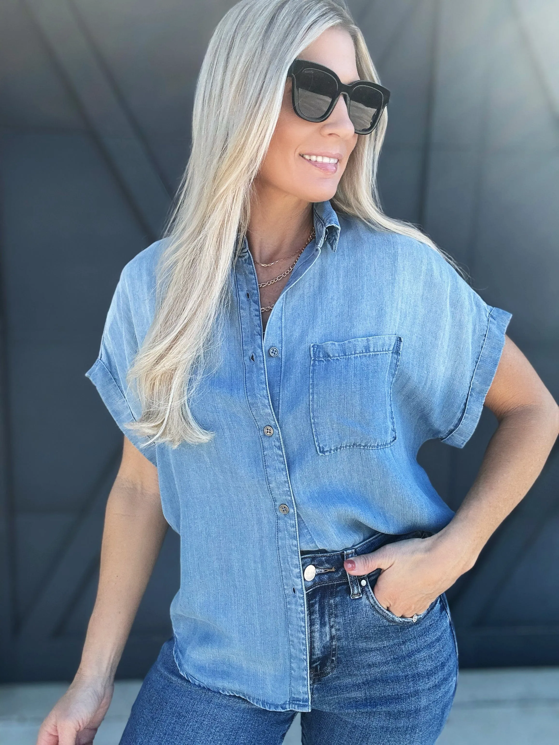 Soft Touch Drapery Button Up In Denim