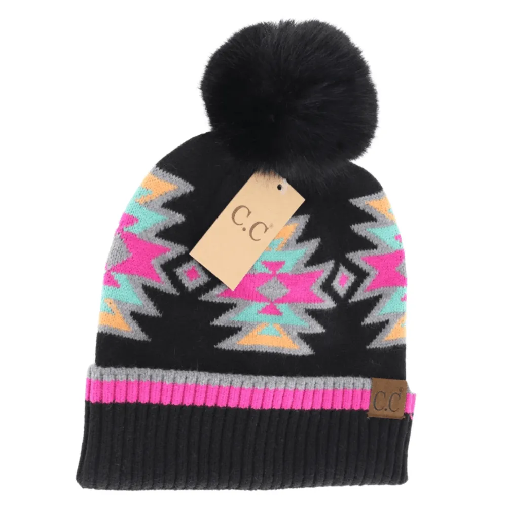 Southwestern Faux Fur Pom C.C Beanie