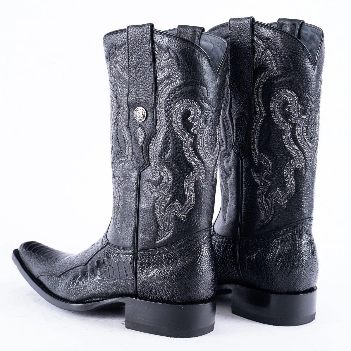 TANNER MARK EXOTIC LEATHER Ostrich Leg Black Cowboy Boots Euro Toe