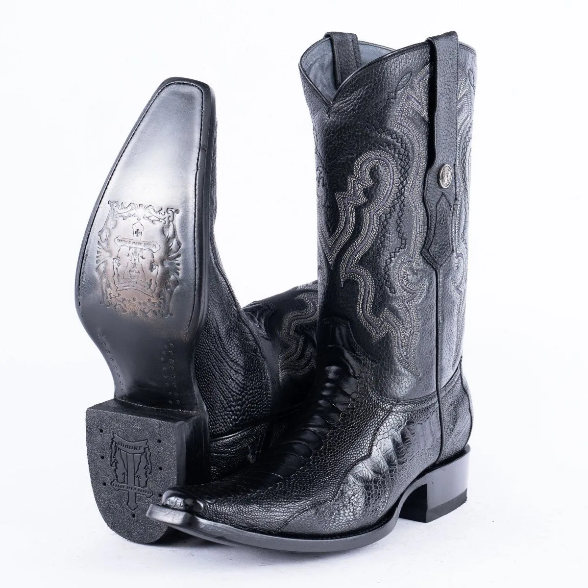 TANNER MARK EXOTIC LEATHER Ostrich Leg Black Cowboy Boots Euro Toe