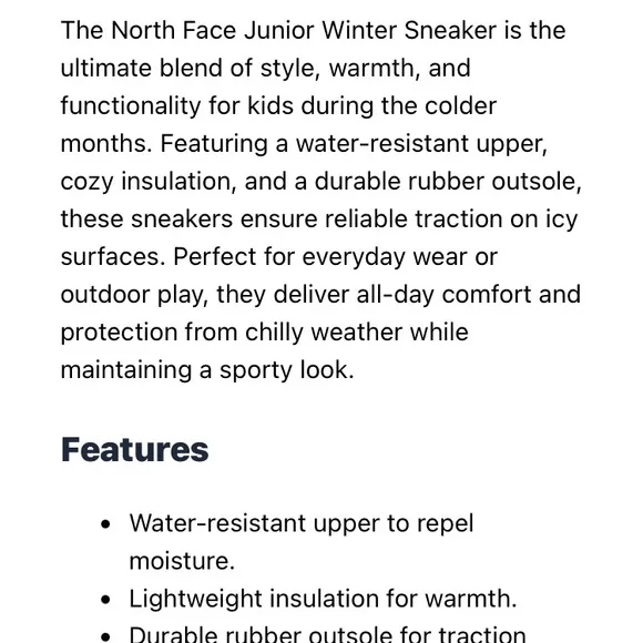 The North Face Junior Winter Sneaker. Hydroseal. Waterproof. Size 5