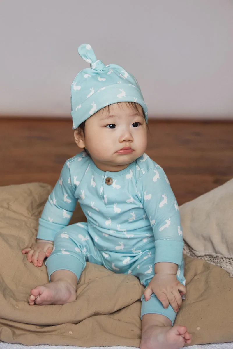 Top and Pants Set, sky blue hare print