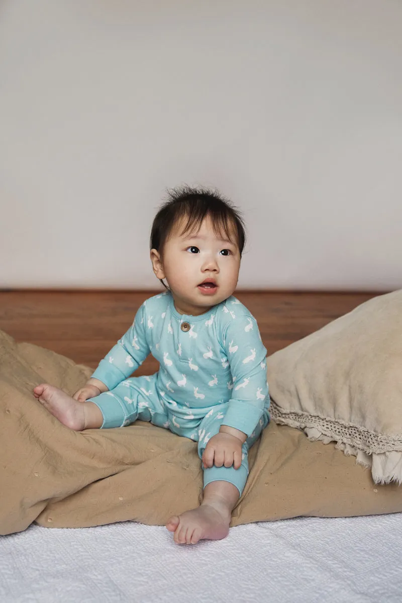 Top and Pants Set, sky blue hare print