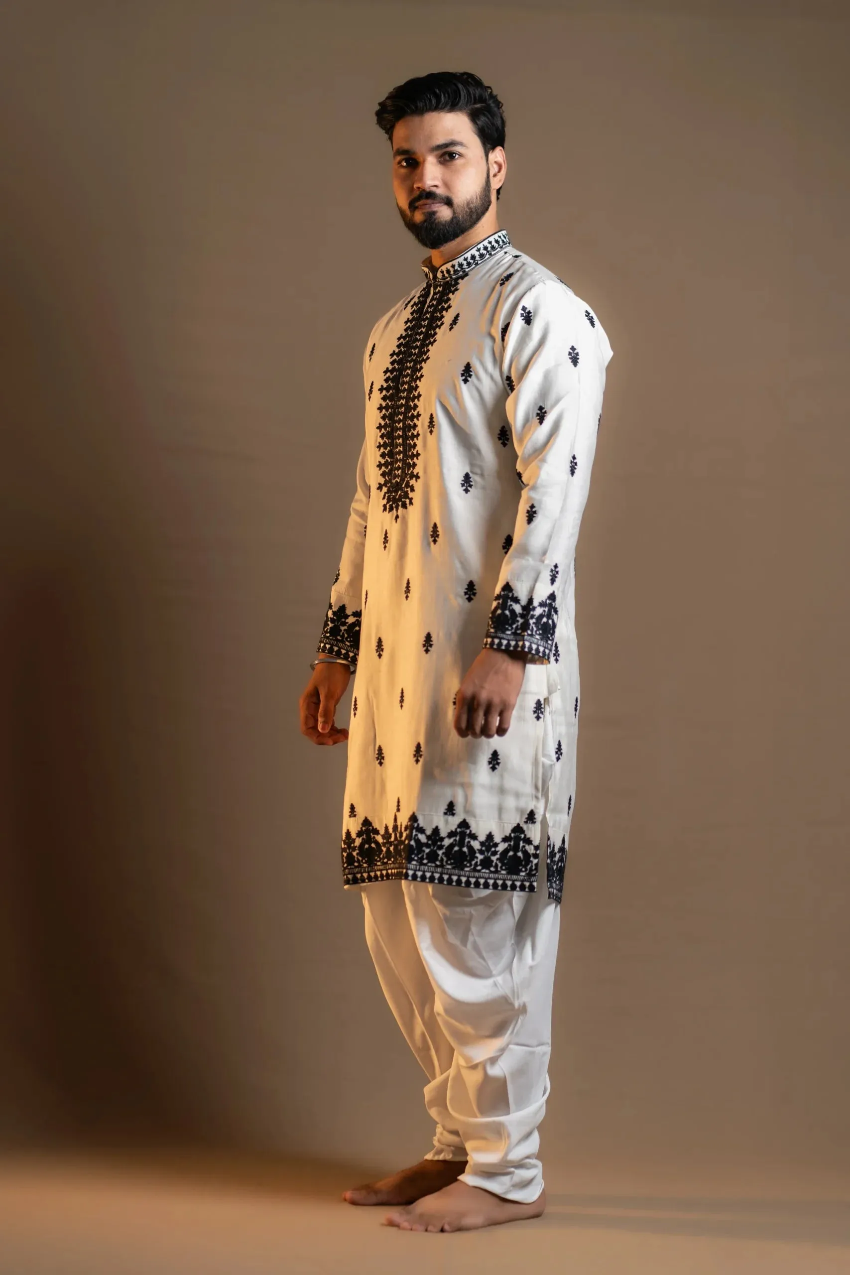 White Kurta Set with Intricate Black Prints