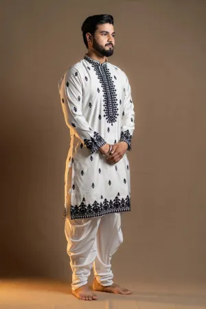White Kurta Set with Intricate Black Prints