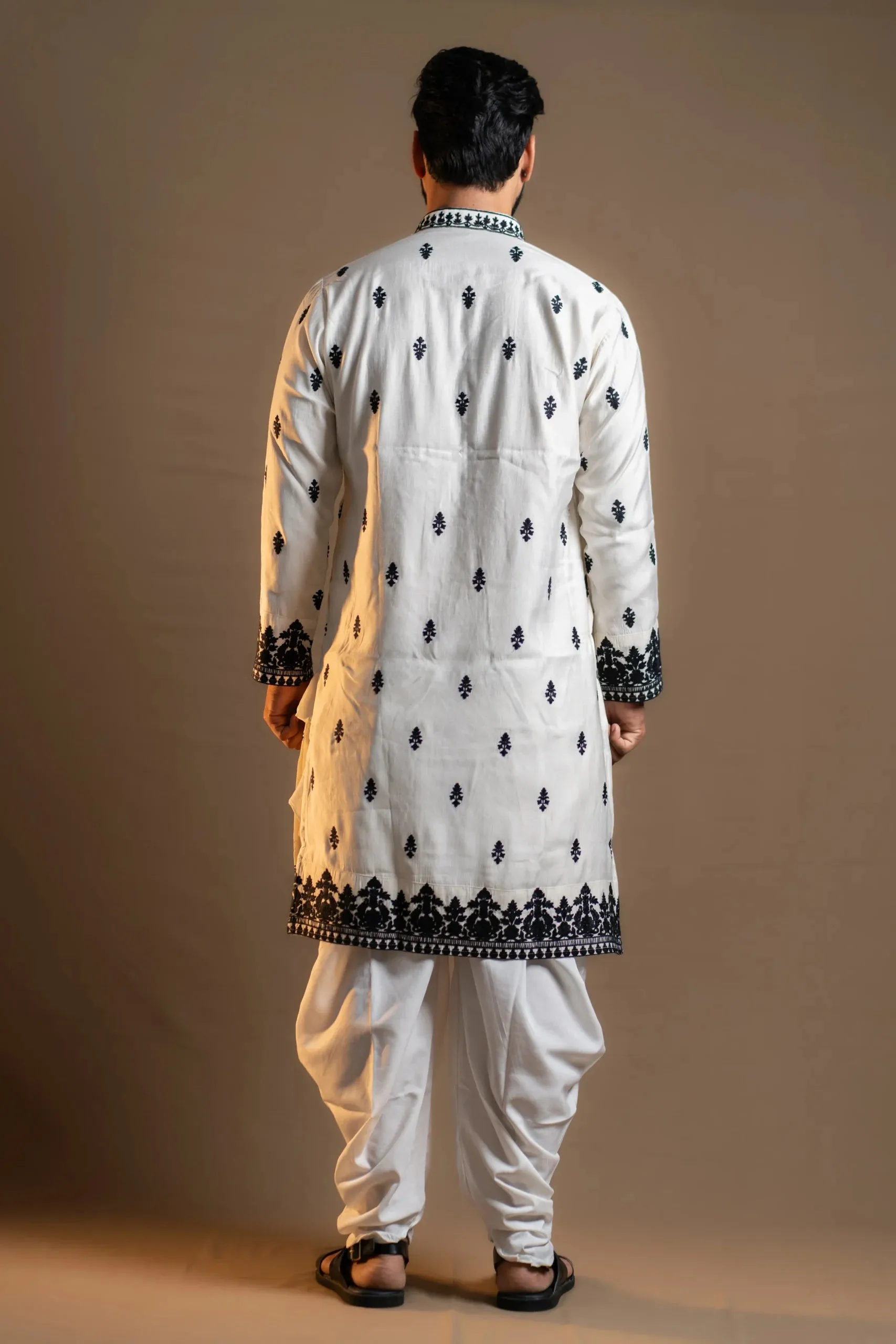 White Kurta Set with Intricate Black Prints
