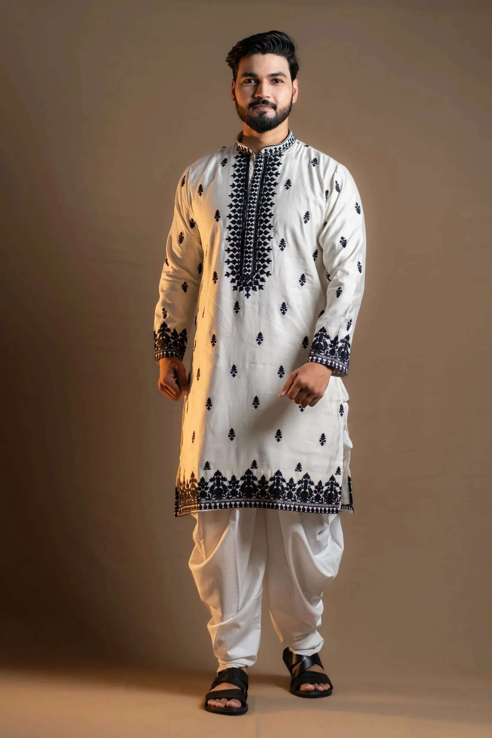 White Kurta Set with Intricate Black Prints