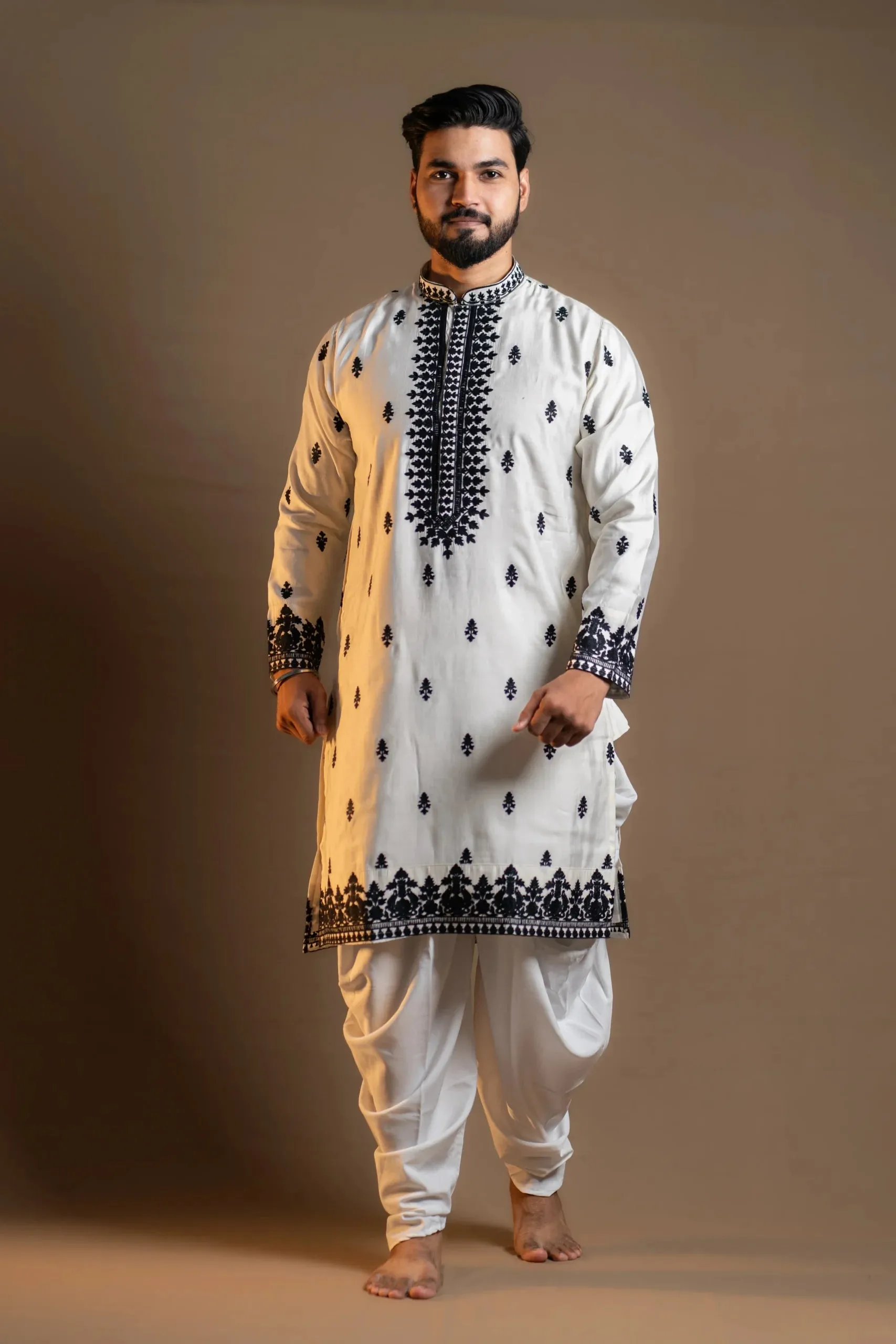 White Kurta Set with Intricate Black Prints