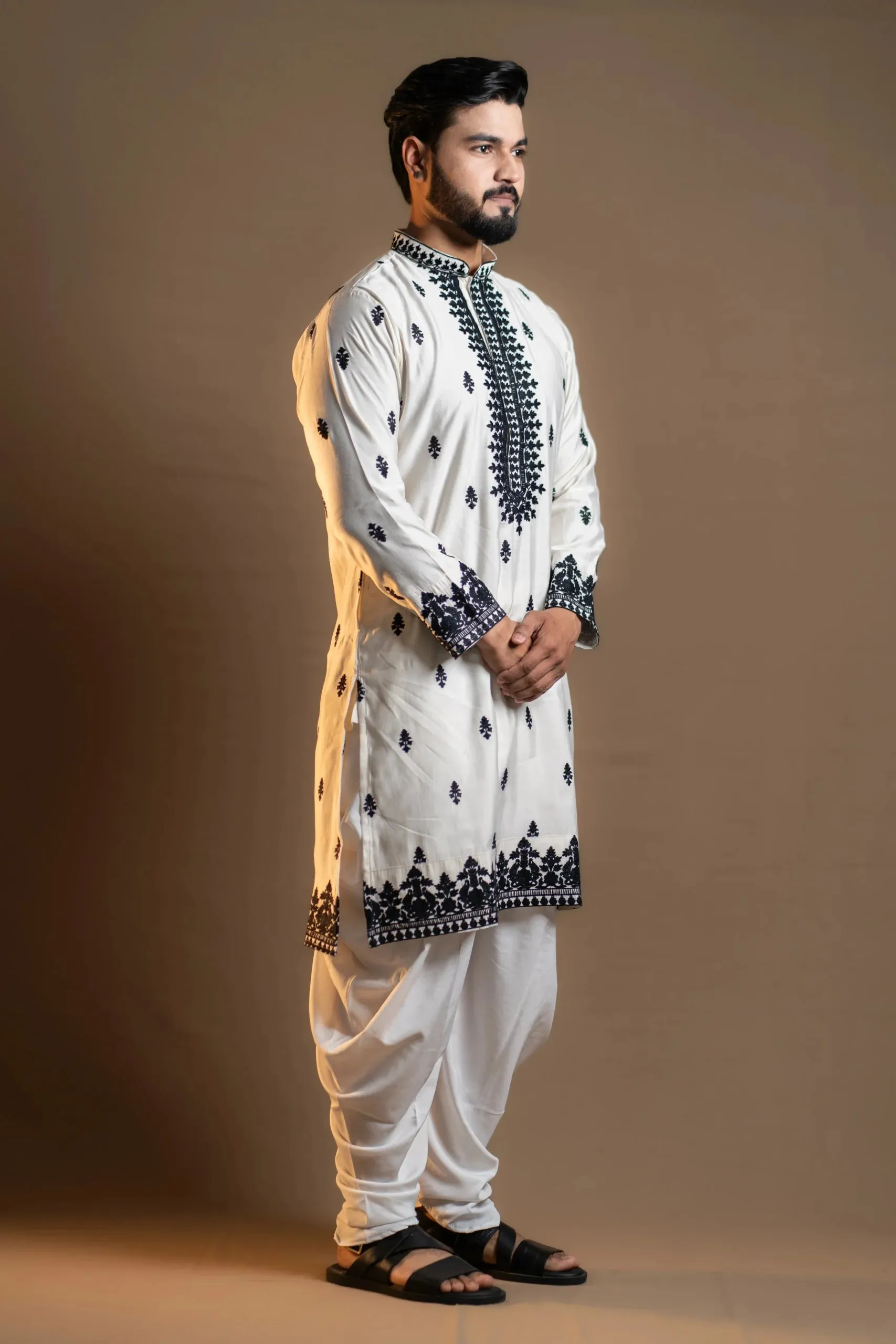 White Kurta Set with Intricate Black Prints