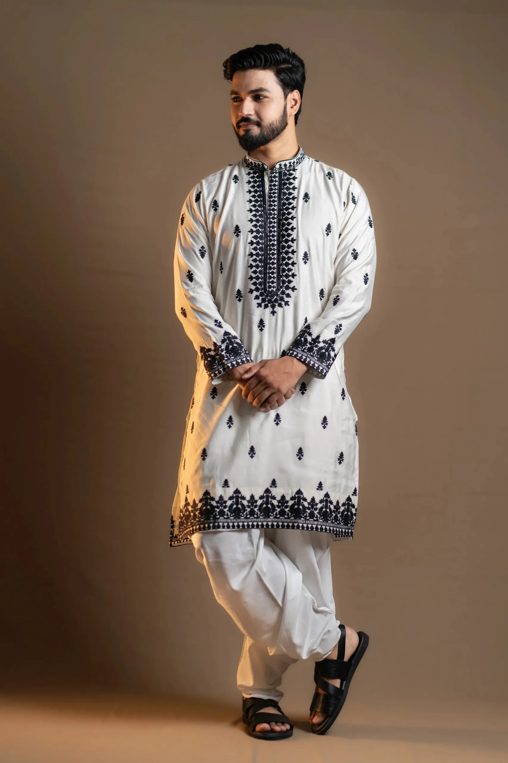 White Kurta Set with Intricate Black Prints