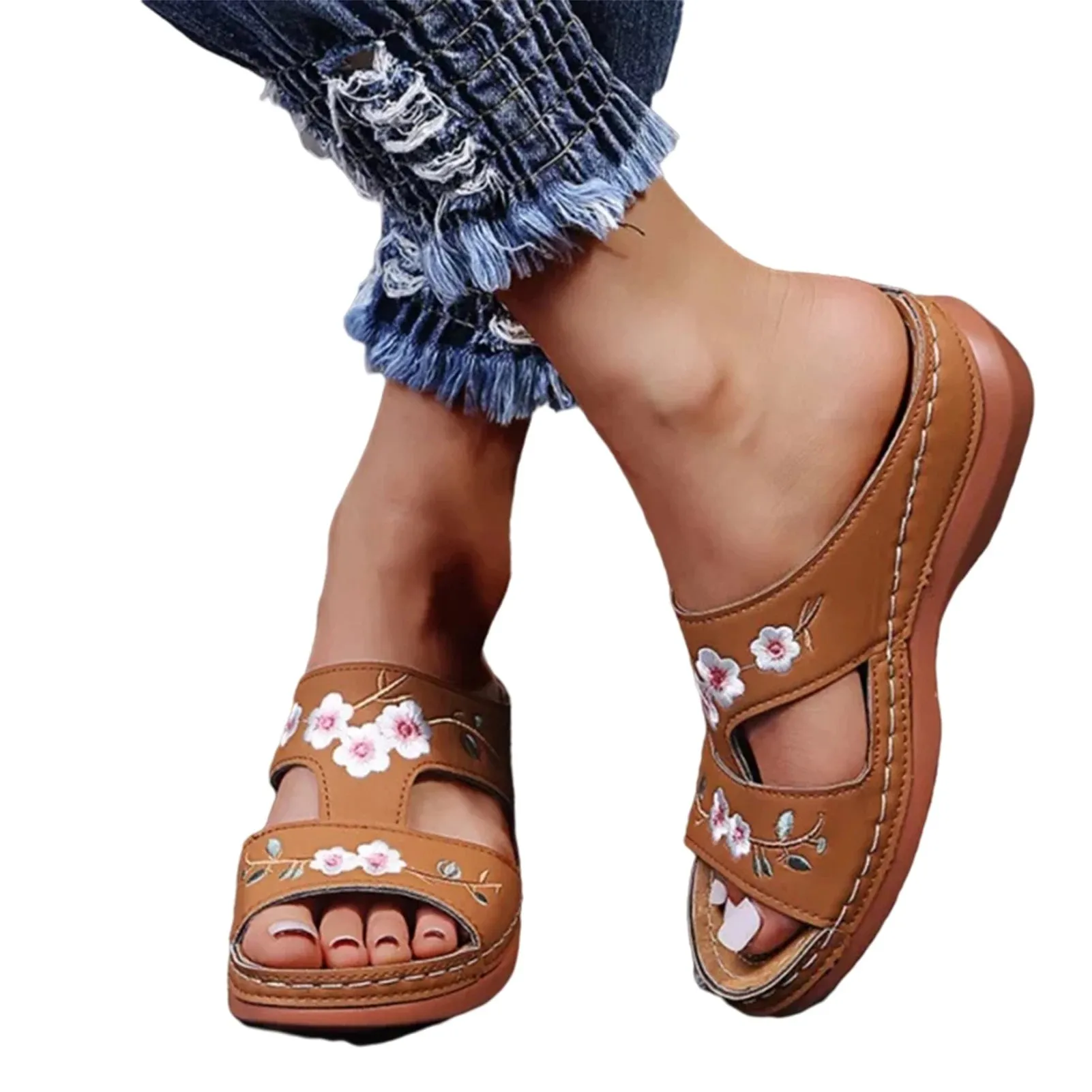Women Embroidery Slide Sandals without Grinding Feet Breathable Slippers Suitable for Camping Indoor Walking
